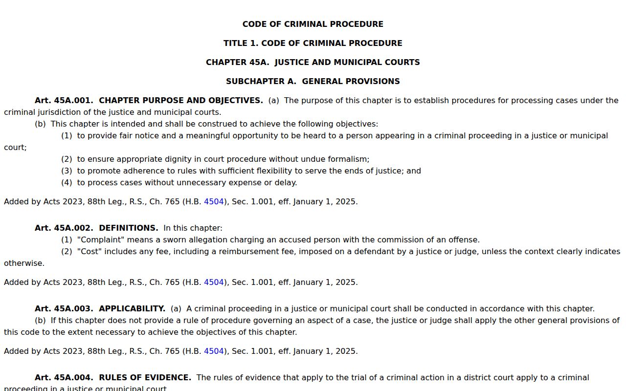 Kent County bench warrant procedure, official Texas Chapter 45A