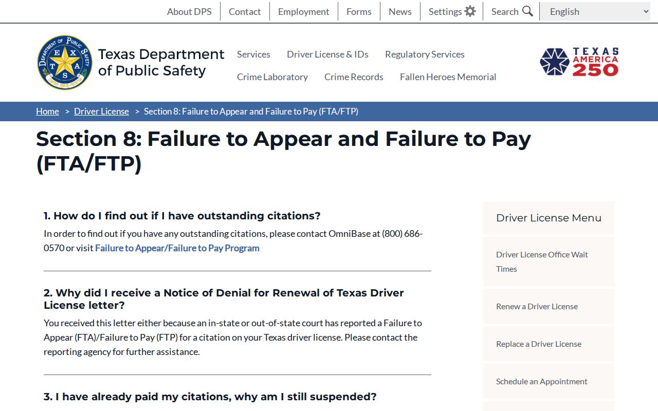 Kent County traffic warrant reference, DPS FTA and FTP license-renewal FAQ