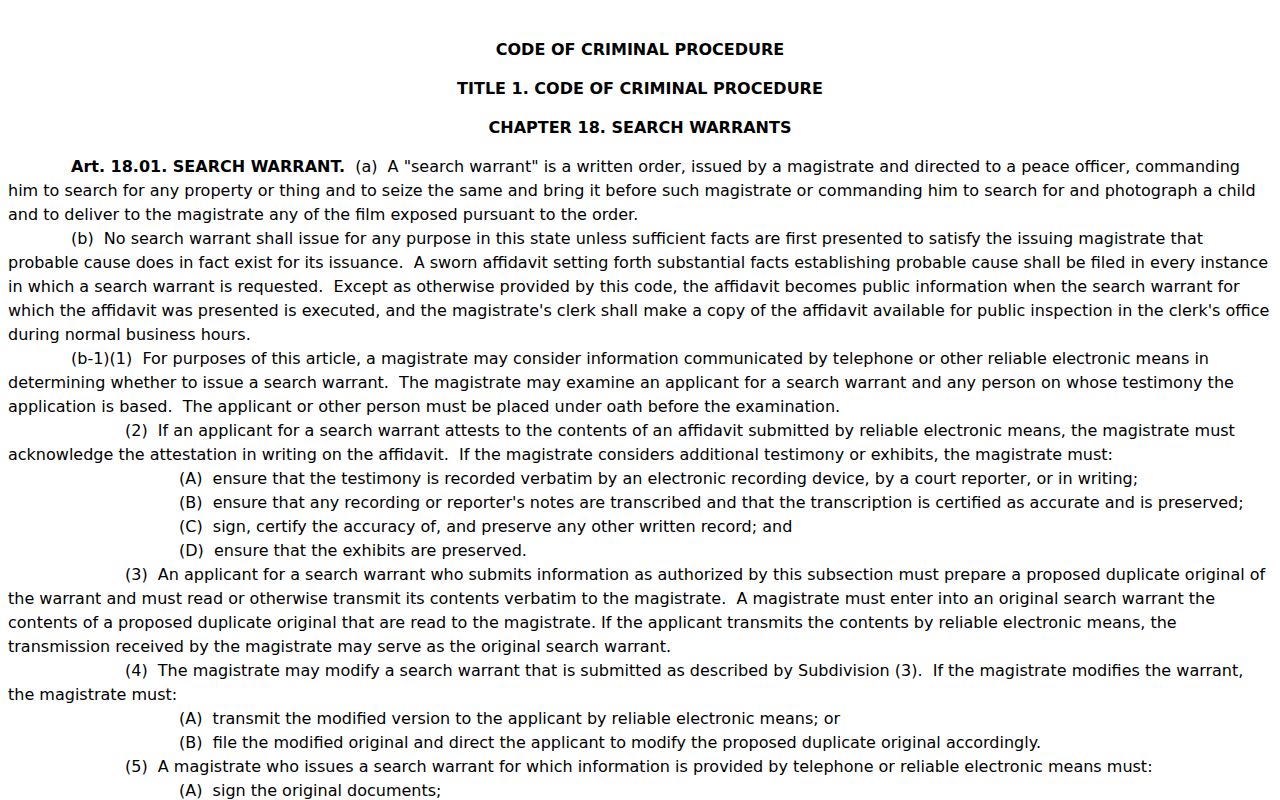 Kent County arrest warrant access, official Texas search-warrant statute