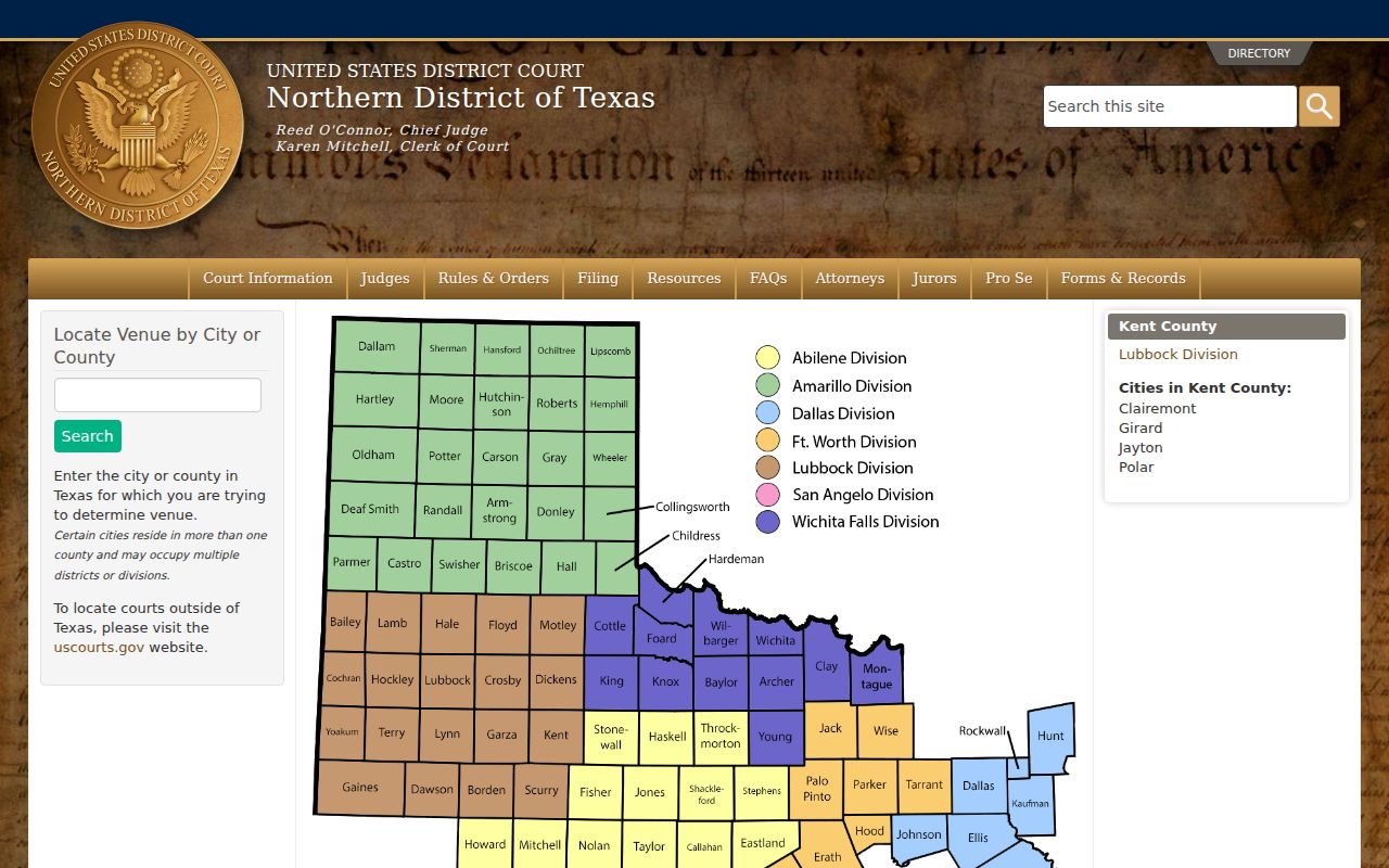 Kent County warrant records, Northern District of Texas Lubbock Division venue