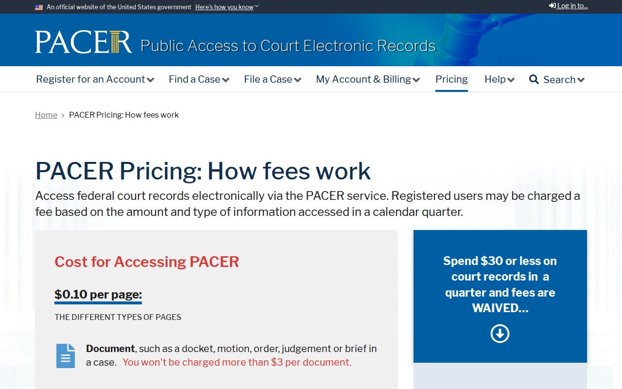 Kent County federal warrant records route, official PACER fee information